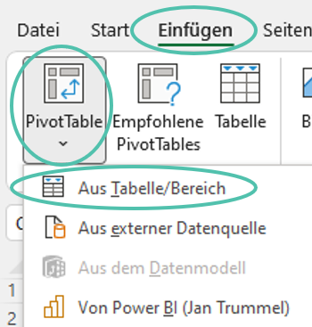 Das Bild zeigt einen Ausschnitt der Registerkarte „Einfügen“ aus Excel, auf welchem der Befehl „PivotTable" mit einem grünen Kreis markiert ist.