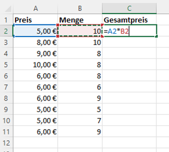 Excel-Liste mit den Spalten „Preis“ und „Menge“. In Zelle C2 steht die Formel „=A2*B2“.