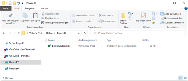 Windows Explorer-Fenster, welches eine Excel-Datei mit dem Namen WBestellungen.xlsx" zeigt.