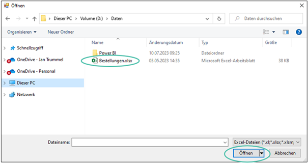 Windows Explorer-Fenster, welches die Datei „Bestellungen.xlsx“ am neuen Speicherort zeigt. Die Datei und die Schaltfläche „Öffnen“ sind grün eingekreist.