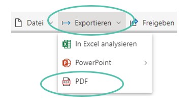 Unter dem Menüpunkt „Exportieren“ im Power BI-Dienst ist der Befehl „PDF“ grün eingekreist