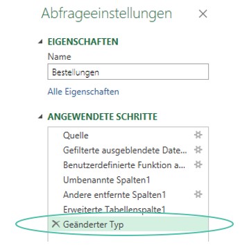 Zeigt die angewendeten Schritte in Power Query aus Microsoft Excel. Der Befehl " Geänderter Typ" ist grün umkreist.