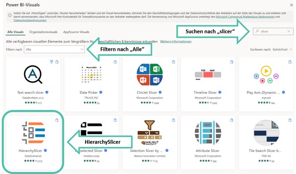 Dialog "Power BI Visuals" in Power BI. Ein Pfeil zeigt auf das Suchfeld in welchem "slicer" steht. Ein weiterer Pfeil zeigt auf "Filtern nach", wo "Alle" gewählt ist. Ein dritter Pfeil zeigt auf den HierarchySlicer.