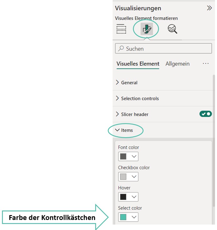 Im Formatbereich von Power BI zeigt ein Pfeil auf die Option "Select color" im Abschnitt "Items".